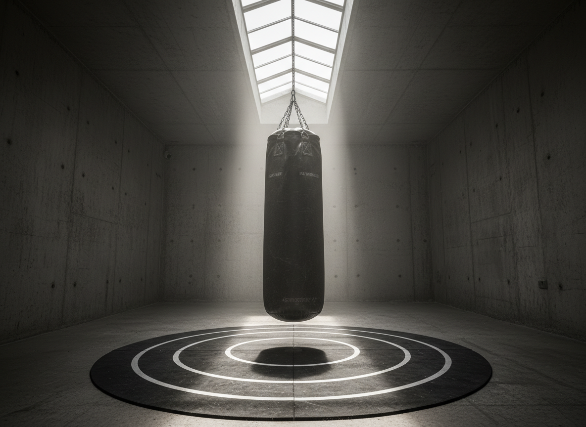 A lone, heavy punching bag made of textured black leather hanging in the center of an industrial-style concrete room, symbolizing inner battles and self-discipline. Chalky dust hangs lightly in the air, catching shafts of bright, high-contrast light pouring in from a narrow skylight above. The bag bears subtle scuff marks and faint motivational words stenciled along its side, just visible on closer look. The floor beneath is worn rubber, with white lines forming a subtle target around the bag. Photographic realism from a low-angle perspective, with strong dramatic shadows stretching backward, creating a bold, cinematic atmosphere of grit, resilience, and self-confrontation. The composition uses central framing to make the bag feel confrontational, like a challenge you can’t avoid.