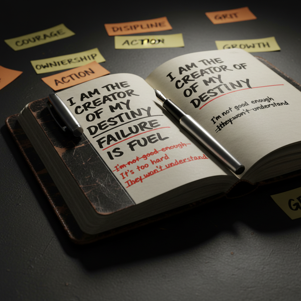 A sleek, well-worn leather journal lying open on a matte black desk, its pages filled with bold handwritten affirmations and crossed-out limiting beliefs. A heavy, brushed steel pen rests diagonally across the center fold, catching a sharp highlight. Surrounding the journal are scattered sticky notes with powerful single words like “Courage,” “Discipline,” and “Ownership,” slightly out of focus. Cool, directional studio lighting from the left creates crisp, confident shadows and strong contrast, reinforcing a bold, no-excuses tone. Photographic realism with a slightly elevated, three-quarter angle, shallow depth of field isolating the journal as the clear focal point. The atmosphere feels driven and intentional, ideal for a personal growth portfolio about taking radical responsibility for your life.