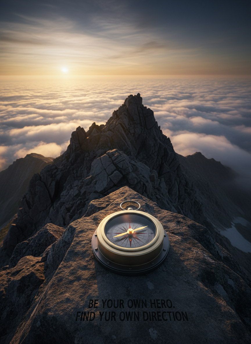 A powerful mountain peak carved from dark, jagged rock, rising sharply above a sea of low clouds, symbolizing inner strength and self-mastery. The summit is crowned by a solitary, gleaming metal compass resting on a flat stone, its needle perfectly aligned north. Surrounding cliffs fade into soft focus, creating a sense of height and isolation. Golden hour sunlight cuts through the mist, casting bold, dramatic shadows and igniting the compass with a metallic shine. Photographic realism, shot from a slightly low angle with a wide lens, emphasizing grandeur and resilience. The mood is bold, determined, and inspiring, with rich contrast and deep blues and golds reinforcing the theme: be your own hero and find your own direction.