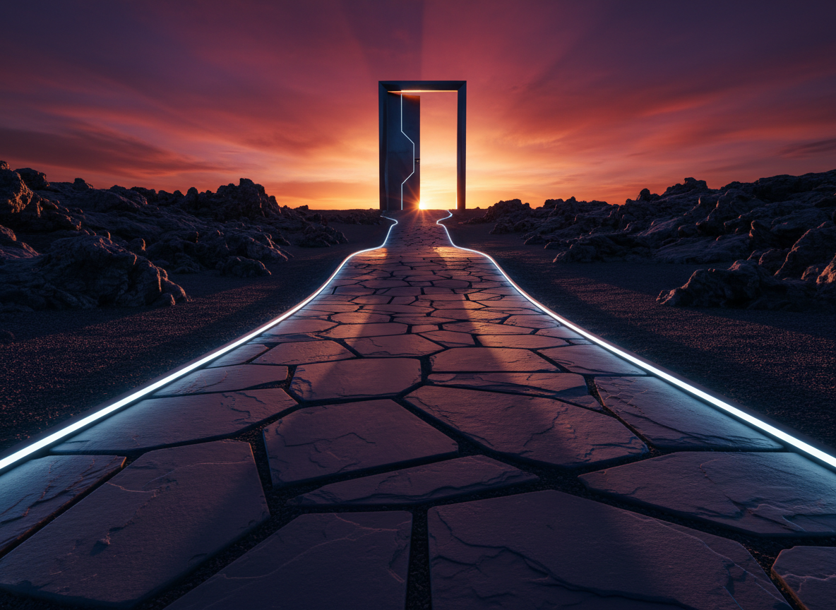 A rugged, polished stone path composed of uneven slate tiles leading uphill through a stark, minimalist landscape of dark volcanic rock, representing the journey of personal growth. At the crest of the hill stands a tall, angular metal doorway frame with no door, silhouetted against a blazing, color-saturated sunset sky of deep oranges and electric purples. The path’s edges are illuminated by low, embedded LED lights, creating a bold, futuristic vibe. Photographic realism with a slightly low, forward-leaning perspective that pulls the viewer up the path toward the threshold. Lighting is dramatic and directional, casting long, assertive shadows. The mood is daring and aspirational, evoking the feeling of stepping into your next, more heroic version of yourself.